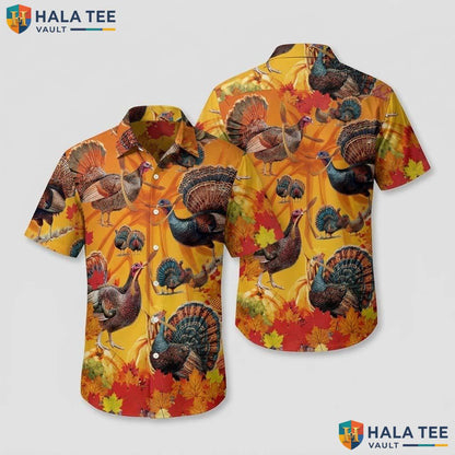 Festive Turkey Thanksgiving Hawaiian Shirt Fall Leaves Pumpkin Apparel