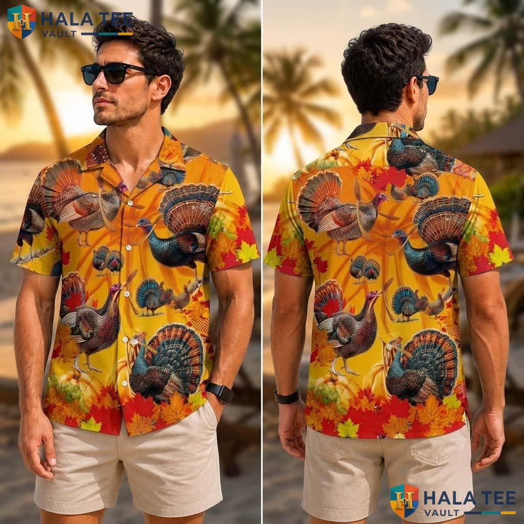 Festive Turkey Thanksgiving Tropical Shirt Fall Leaves Pumpkin Apparel