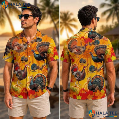 Festive Turkey Thanksgiving Tropical Shirt Fall Leaves Pumpkin Apparel