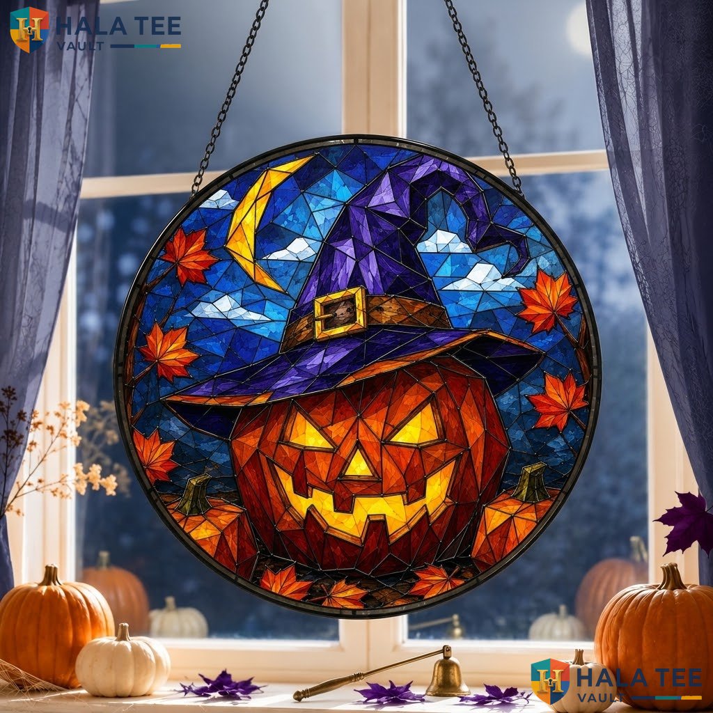 Festive Witch Hat Halloween Stained Glass Suncatcher Colorful Spooky Window