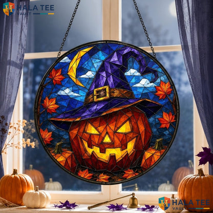 Festive Witch Hat Halloween Stained Glass Suncatcher Colorful Spooky Window