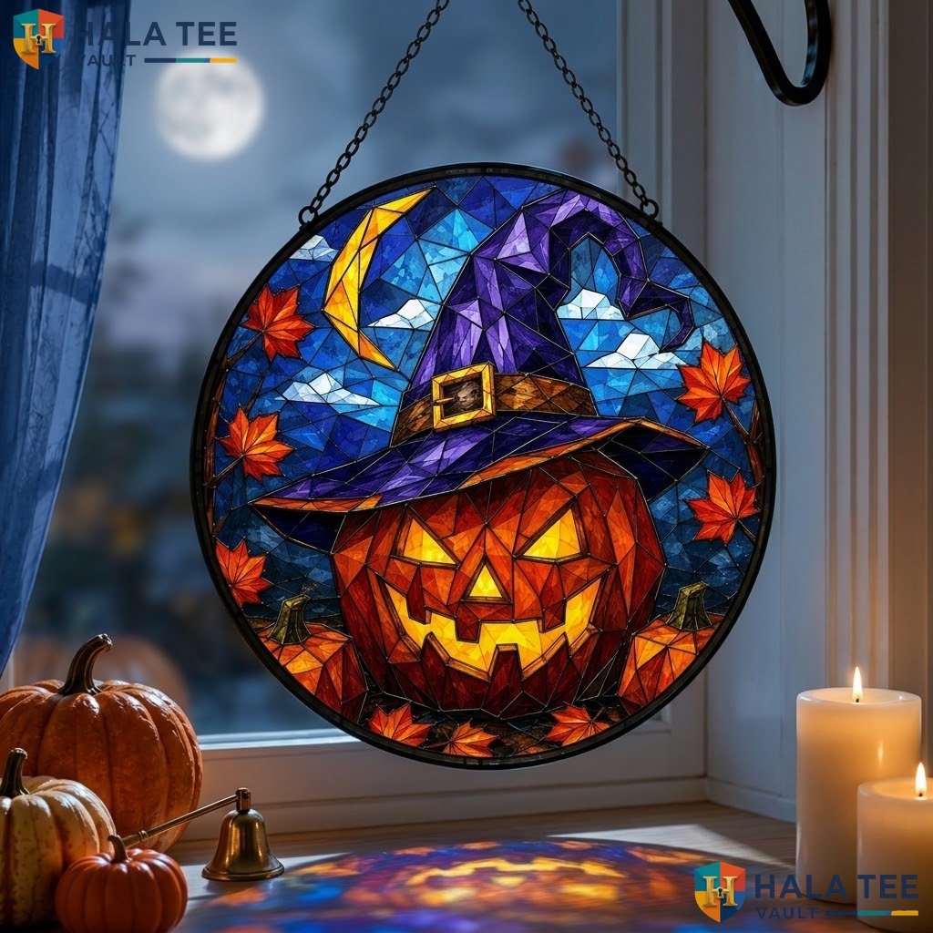 Festive Witch Hat Halloween Stained Glass Suncatcher Colorful Spooky Window Adult