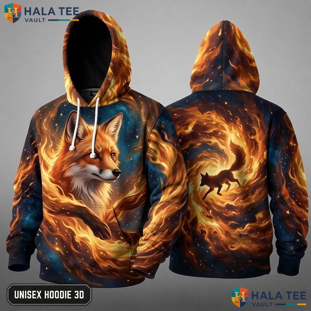 Fiery Cosmic Element Fox 3D Hoodie Vintage Graphic Zip Up Sweatshirt