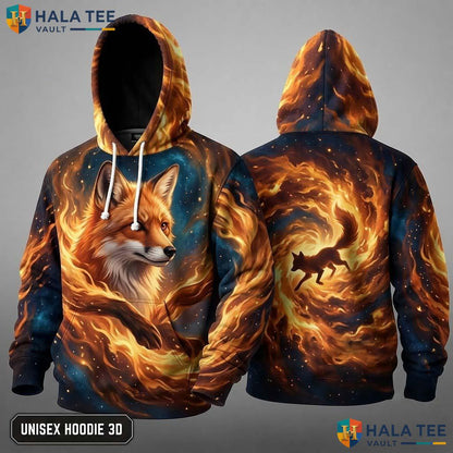 Fiery Cosmic Element Fox 3D Hoodie Vintage Graphic Zip Up Sweatshirt