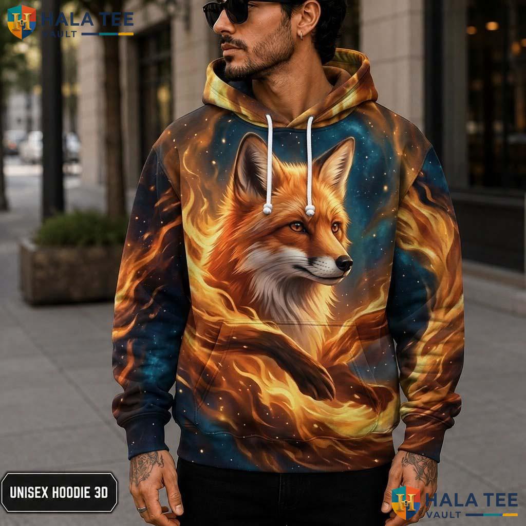 Fiery Cosmic Element Fox 3D Printed Hoodie Vintage Graphic Zip Up Sweatshirt