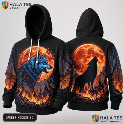 Fiery Full Moon Wolf 3D Hoodie Proud Blue Graphic Alternative Apparel