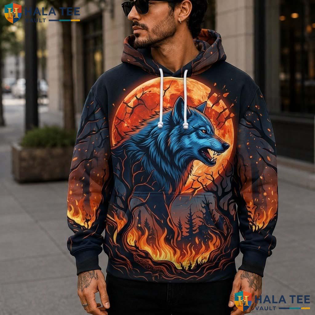 Fiery Full Moon Wolf 3D Printed Hoodie Proud Blue Graphic Alternative Apparel