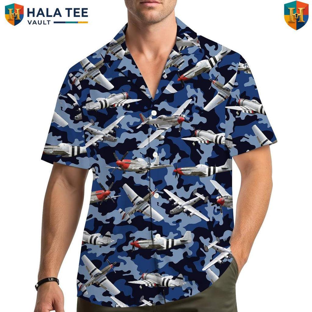 Fighter Plane Jet Hawaiian Shirt Mens Patriotic Military Aviation Camp Gear