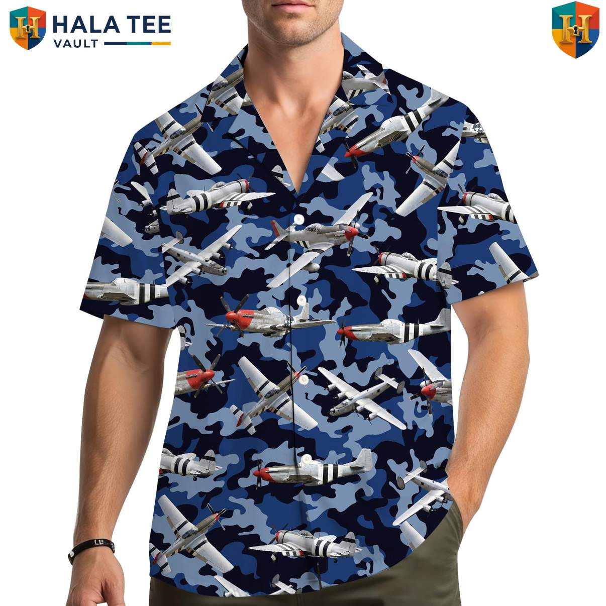 Fighter Plane Jet Hawaiian Shirt Mens Patriotic Military Aviation Camp Gear