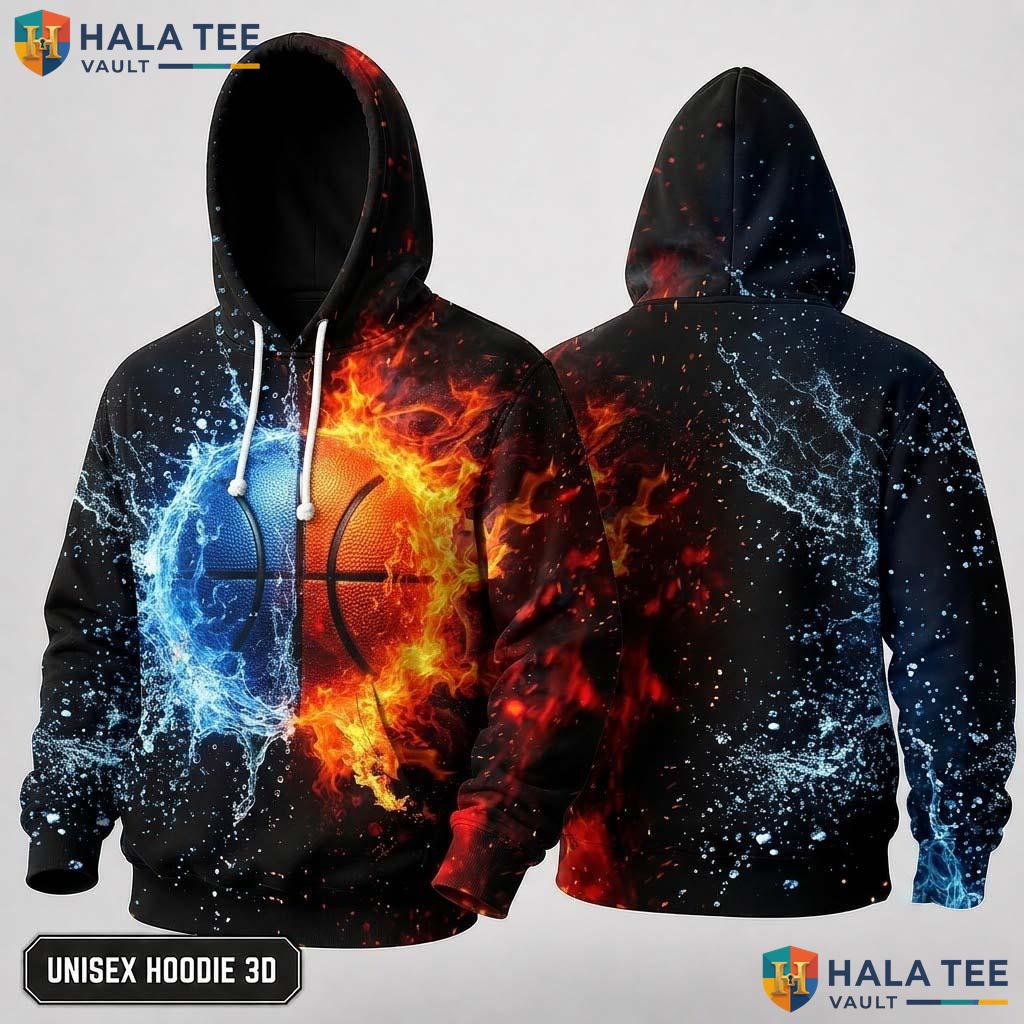 Fire Ice Basketball 3D Hoodie Warm Thick Sweatshirt Boys Girls Apparel