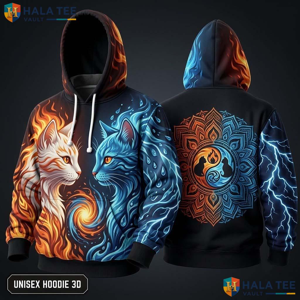 Fire Water Element Cat 3D Hoodie Vibrant Graphic Alternative Apparel