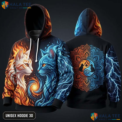 Fire Water Element Cat 3D Hoodie Vibrant Graphic Alternative Apparel