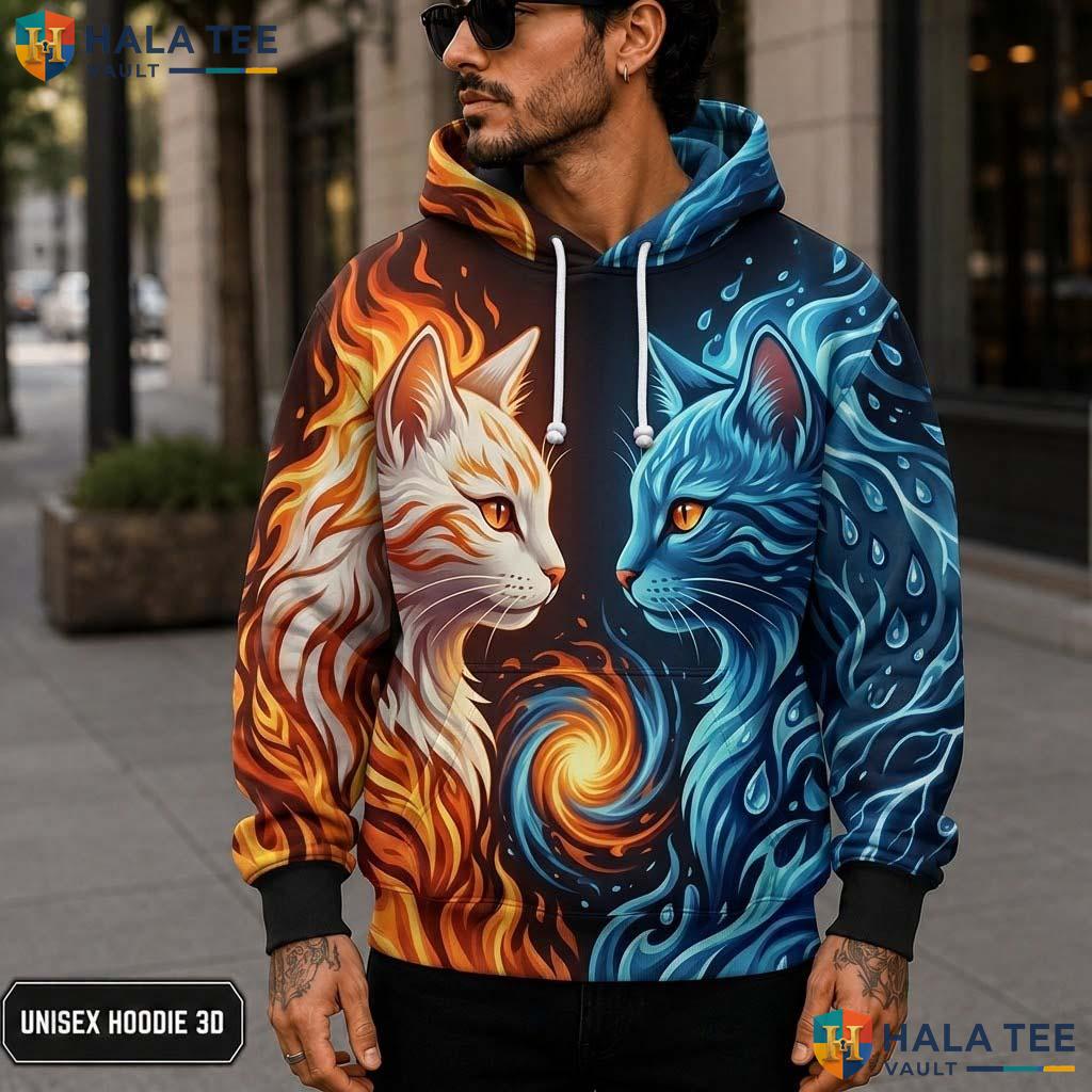 Fire Water Element Cat 3D Printed Hoodie Vibrant Graphic Alternative Apparel