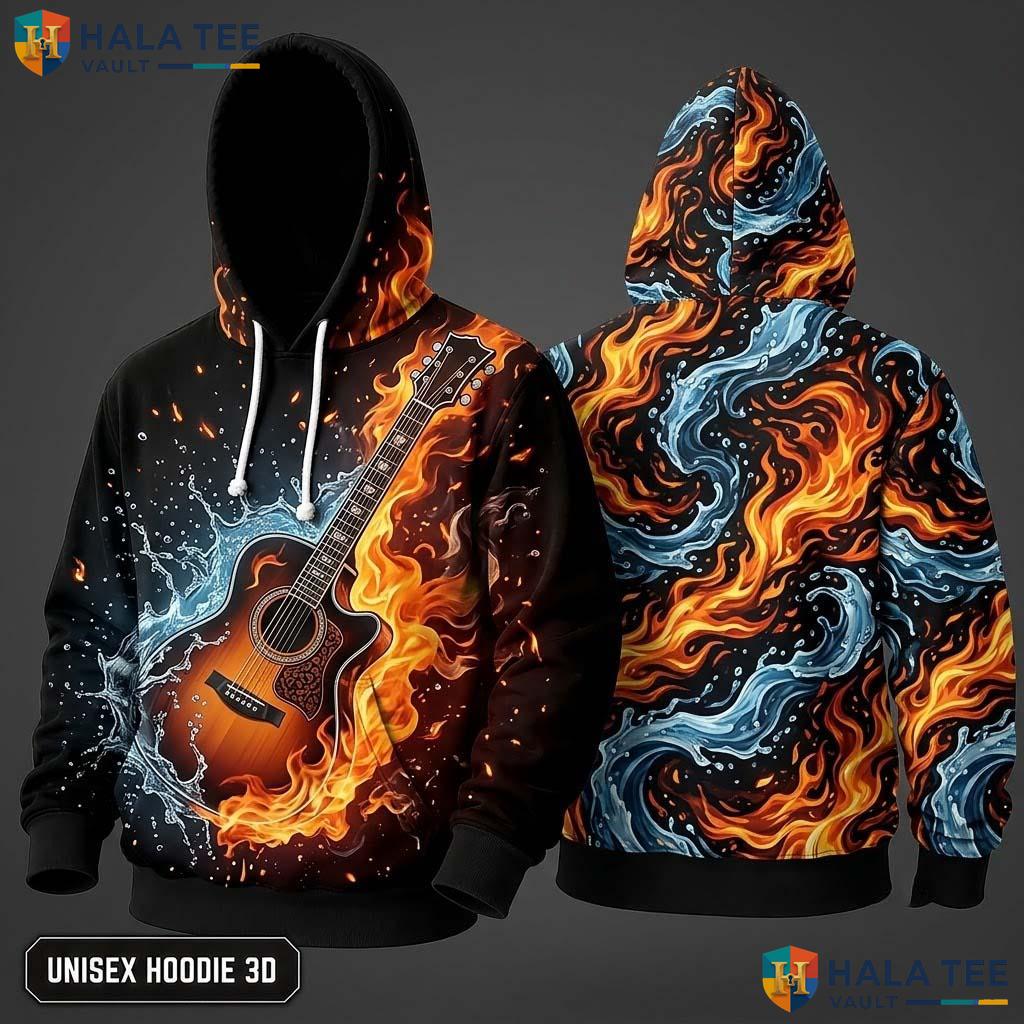 Fire Water Guitar 3D Hoodie Vibrant Music Lover Graphic Streetwear