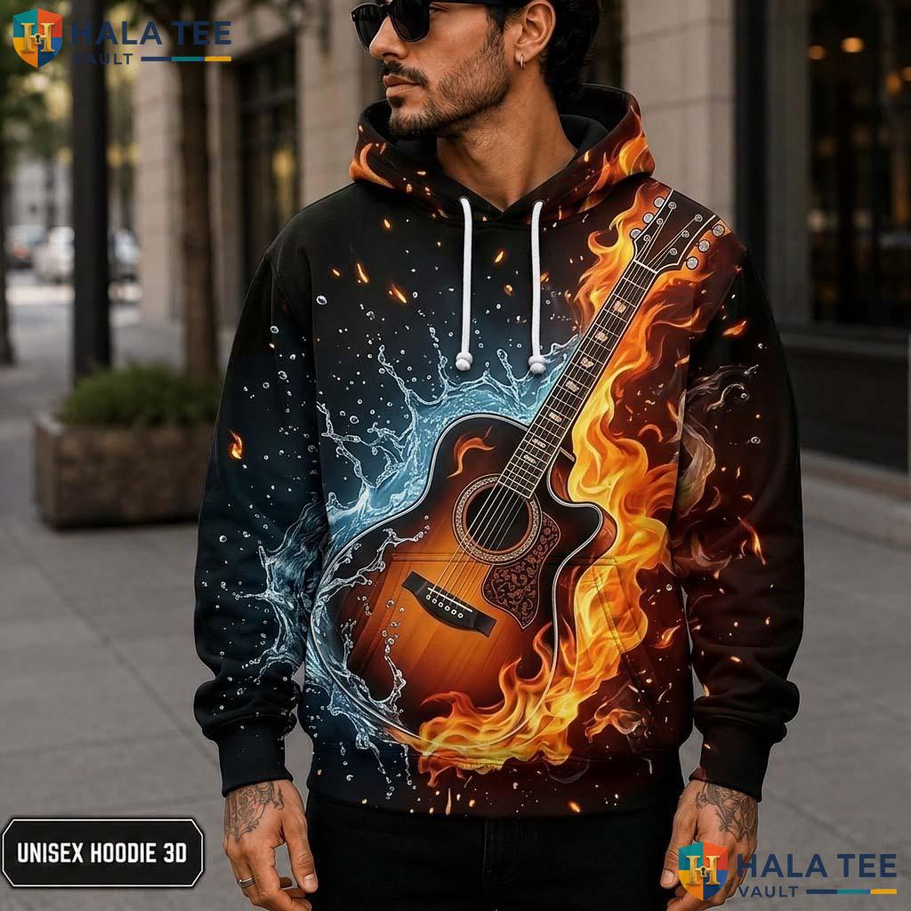 Fire Water Guitar 3D Printed Hoodie Vibrant Music Lover Graphic Streetwear