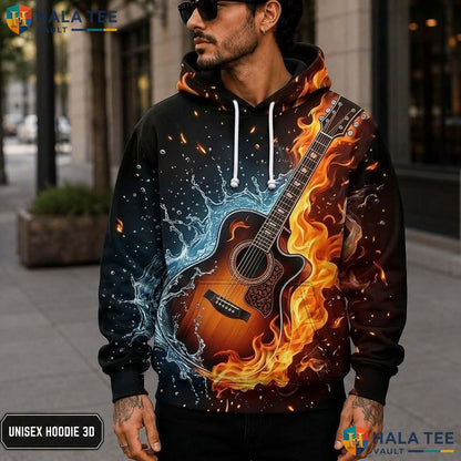 Fire Water Guitar 3D Printed Hoodie Vibrant Music Lover Graphic Streetwear