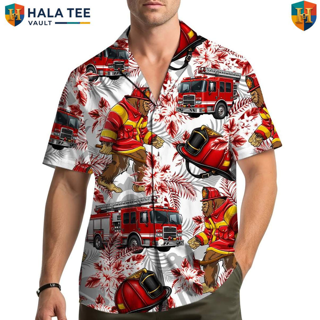 Firefighter Bigfoot Sasquatch Aloha Shirt Mens Rescue Hero Camp Festival Top