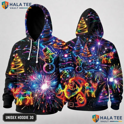 Fireworks Santa Snowman Vibrant Xmas 3D Hoodie Festive Holiday Top