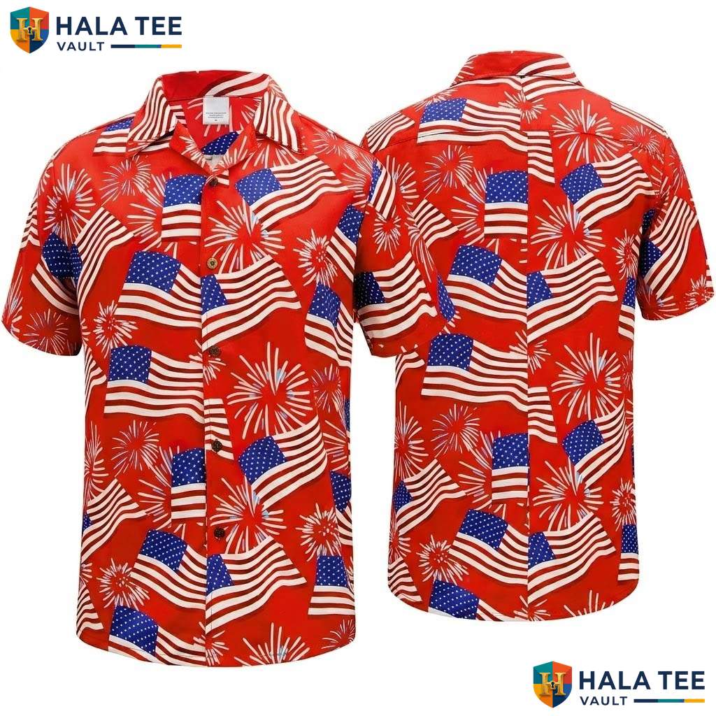 Flag Fireworks Hawaiian Shirt Mens Patriotic Fourth Of July Party Outfit