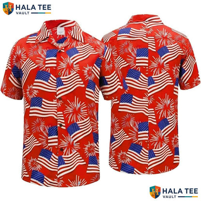 Flag Fireworks Hawaiian Shirt Mens Patriotic Fourth Of July Party Outfit