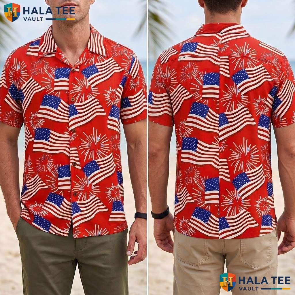 Flag Fireworks Tropical Shirt Mens Patriotic Fourth Of July Party Outfit