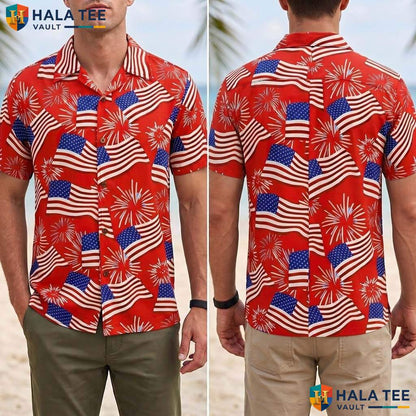 Flag Fireworks Tropical Shirt Mens Patriotic Fourth Of July Party Outfit