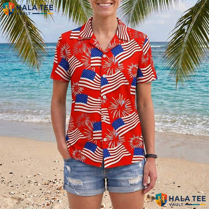 Flag Fireworks Aloha Shirt Mens Patriotic Fourth Of July Party Outfit