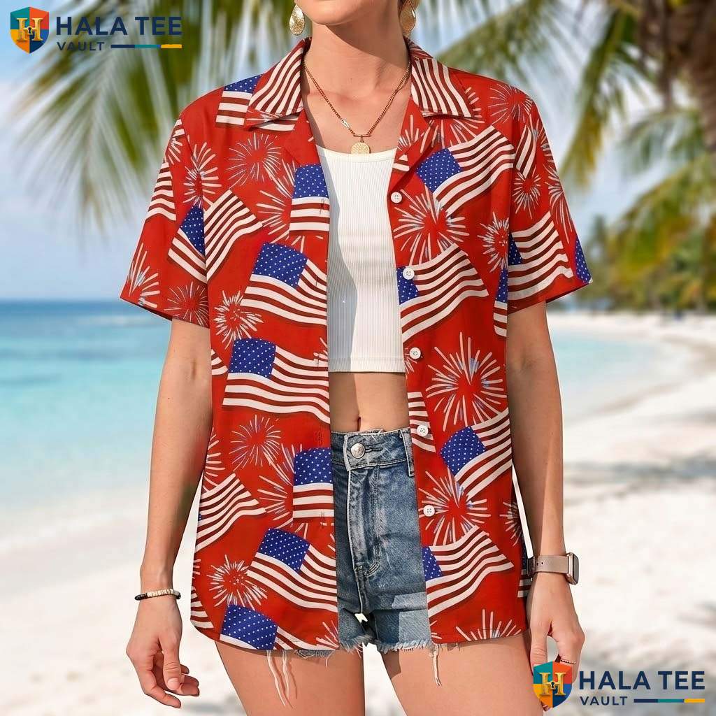 Flag Fireworks Short-sleeve button-up shirt Mens Patriotic Fourth Of July Party Outfit