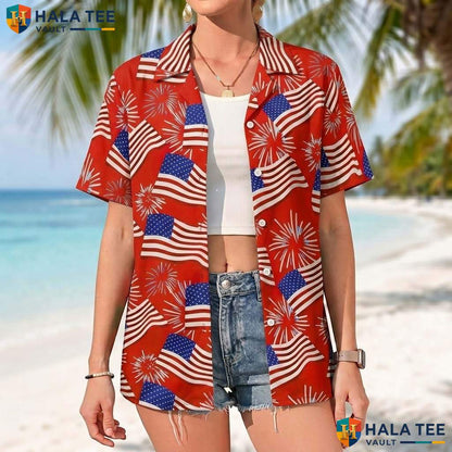 Flag Fireworks Short-sleeve button-up shirt Mens Patriotic Fourth Of July Party Outfit