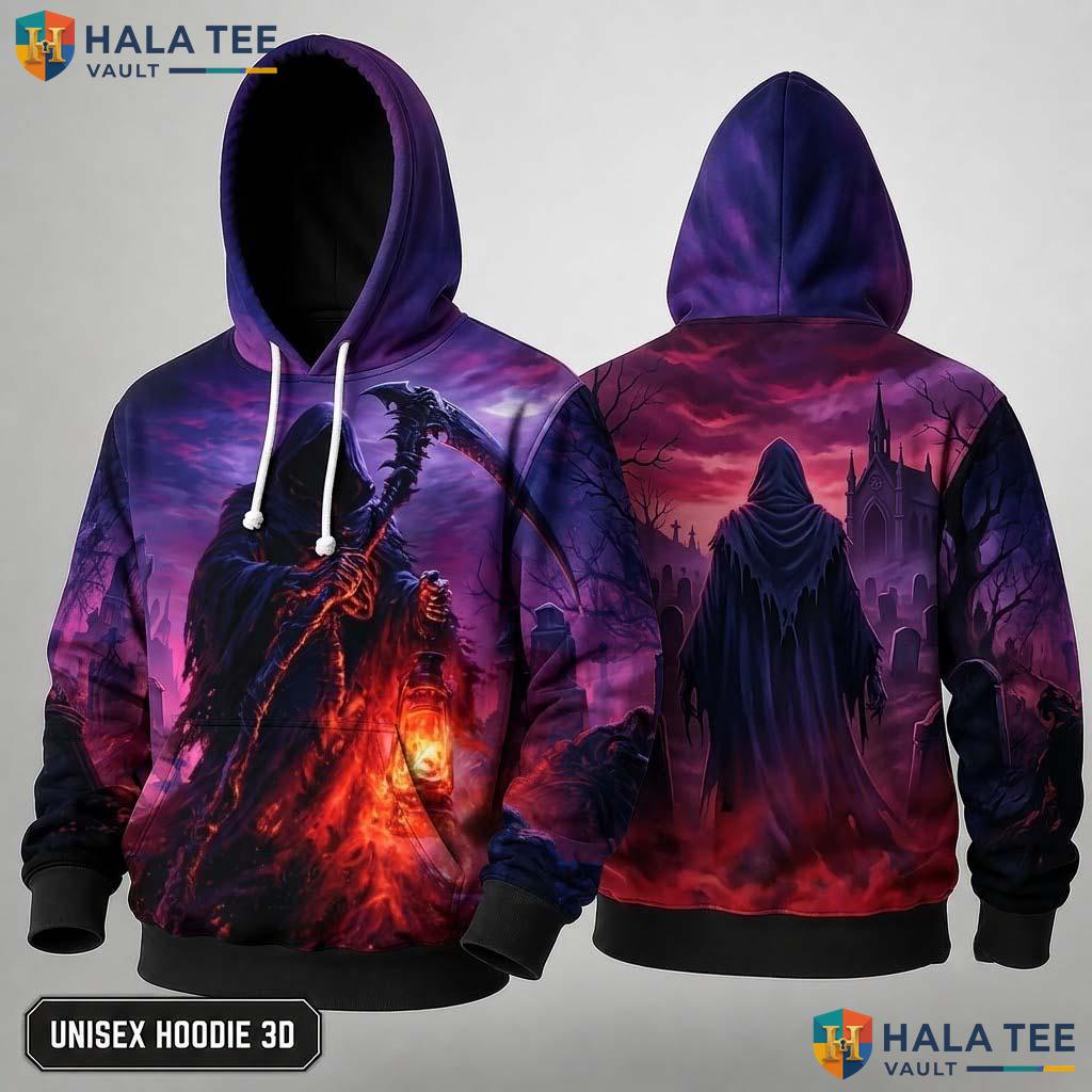 Flame Scythe Grim Reaper 3D Hoodie Dark Fantasy Gothic Skeleton Top