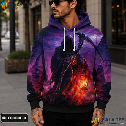 Flame Scythe Grim Reaper 3D Printed Hoodie Dark Fantasy Gothic Skeleton Top