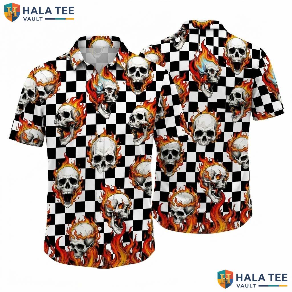 Flaming Skull Farm Life Hawaiian Shirt Mens Aloha Button Down Summer