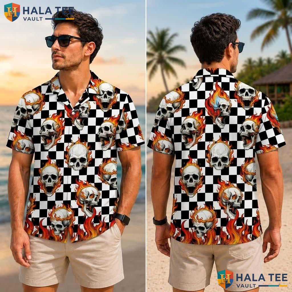 Flaming Skull Farm Life Tropical Shirt Mens Aloha Button Down Summer