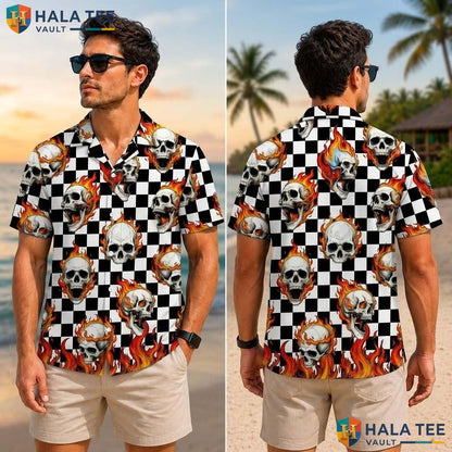 Flaming Skull Farm Life Tropical Shirt Mens Aloha Button Down Summer