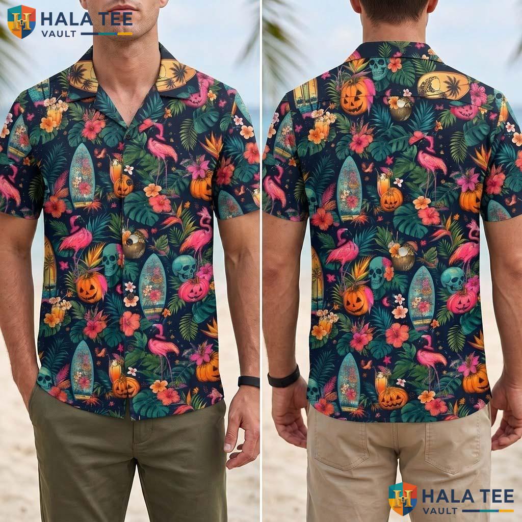 Flamingo Skull Halloween Hawaiian Shirt Creepy Summerween Aloha Top