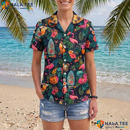 Flamingo Skull Halloween Hawaiian Shirt Creepy Summerween Aloha Top Adult