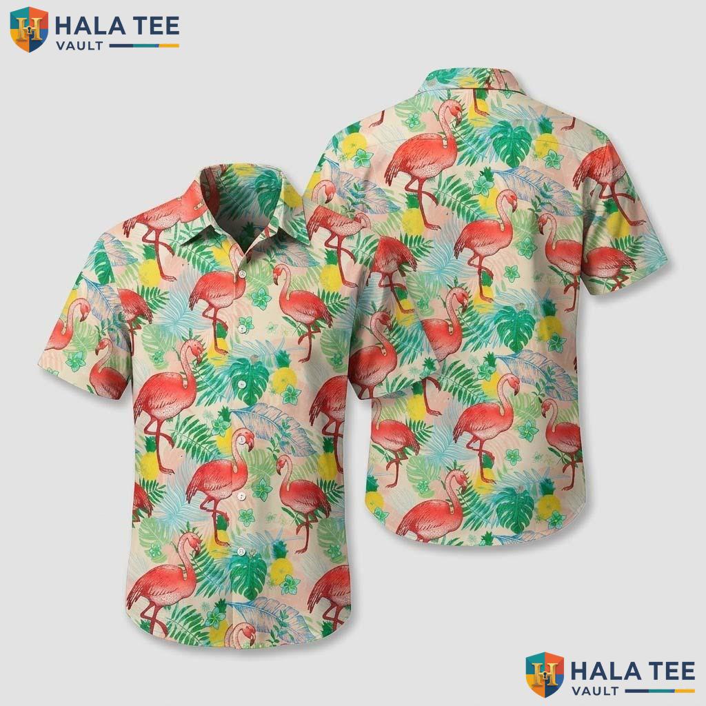 Flamingos Multicolor Hawaiian Shirt Mens Short Sleeve Beach Button Down
