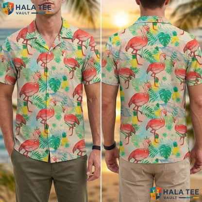 Flamingos Multicolor Tropical Shirt Mens Short Sleeve Beach Button Down