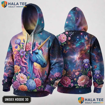 Floral Blue Galaxy Unicorn 3D Hoodie Whimsical Vibrant Graphic Apparel