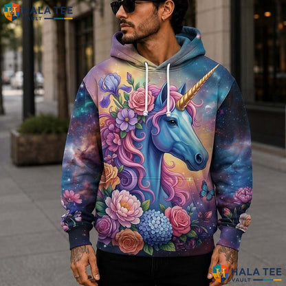 Floral Blue Galaxy Unicorn 3D Printed Hoodie Whimsical Vibrant Graphic Apparel