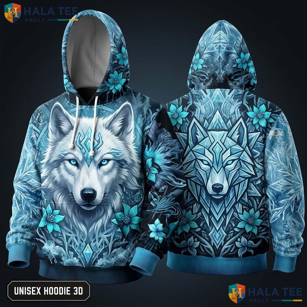 Floral Geometric Wolf 3D Hoodie Blue Eyed Graphic Design For Men Top