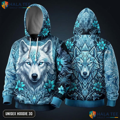 Floral Geometric Wolf 3D Hoodie Blue Eyed Graphic Design For Men Top