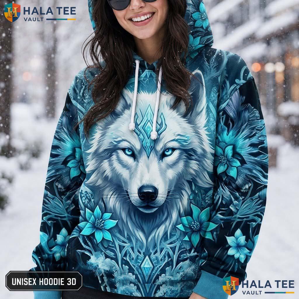 Floral Geometric Wolf 3D Printed Hoodie Blue Eyed Graphic Design For Men Top