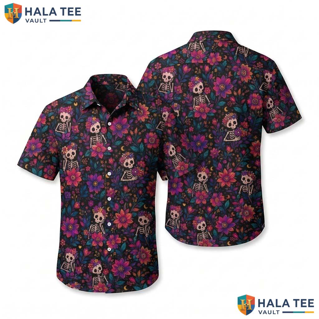 Floral Skeleton Halloween Hawaiian Shirt Dia De Los Muertos Aloha Top