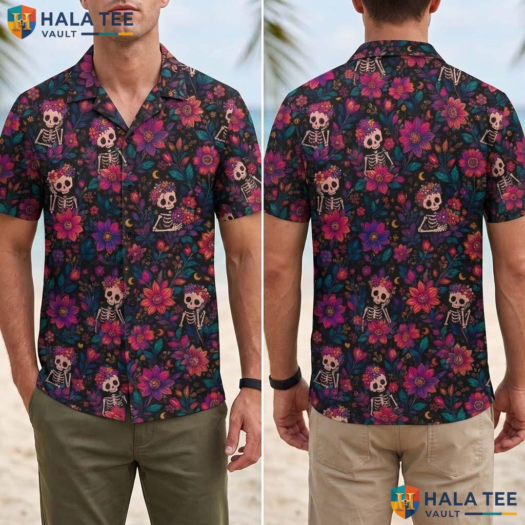 Floral Skeleton Halloween Hawaiian Shirt Dia De Los Muertos Aloha Top Adult