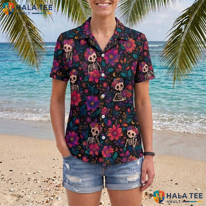 Floral Skeleton Halloween Hawaiian Shirt Dia De Los Muertos Aloha Top Adult