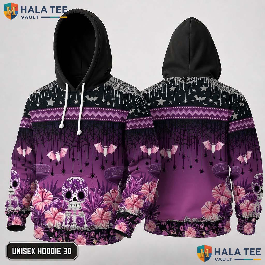Floral Skull Bat 3D Hoodie Cool Vibrant Unisex Halloween Sweatshirt