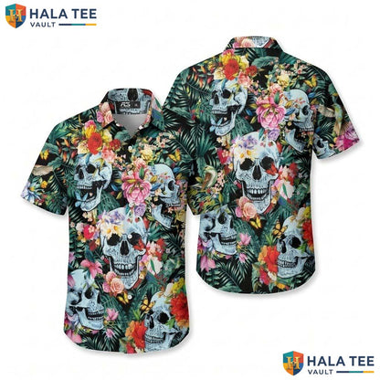 Floral Skull Halloween Hawaiian Shirt Tropical Flower Golf Aloha Top