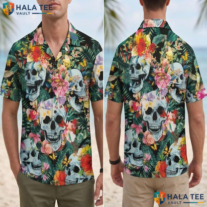 Floral Skull Halloween Hawaiian Shirt Tropical Flower Golf Aloha Top Adult