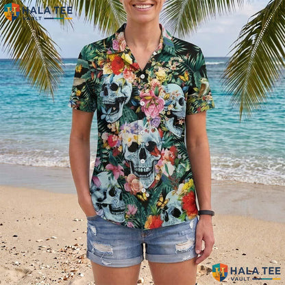 Floral Skull Halloween Hawaiian Shirt Tropical Flower Golf Aloha Top Adult